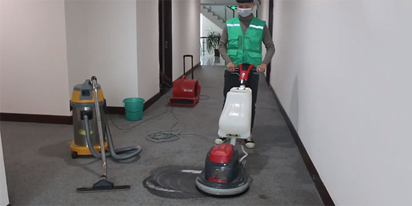 Nhân viên dịch vụ giặt thảm được tiến hành vệ sinh thảm cho khách hàng